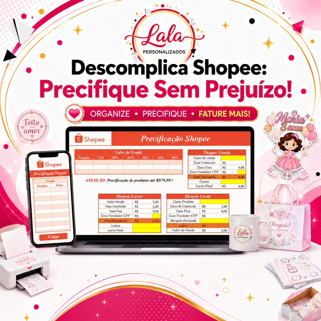 Planilha de precificação Shopee em notebook e celular